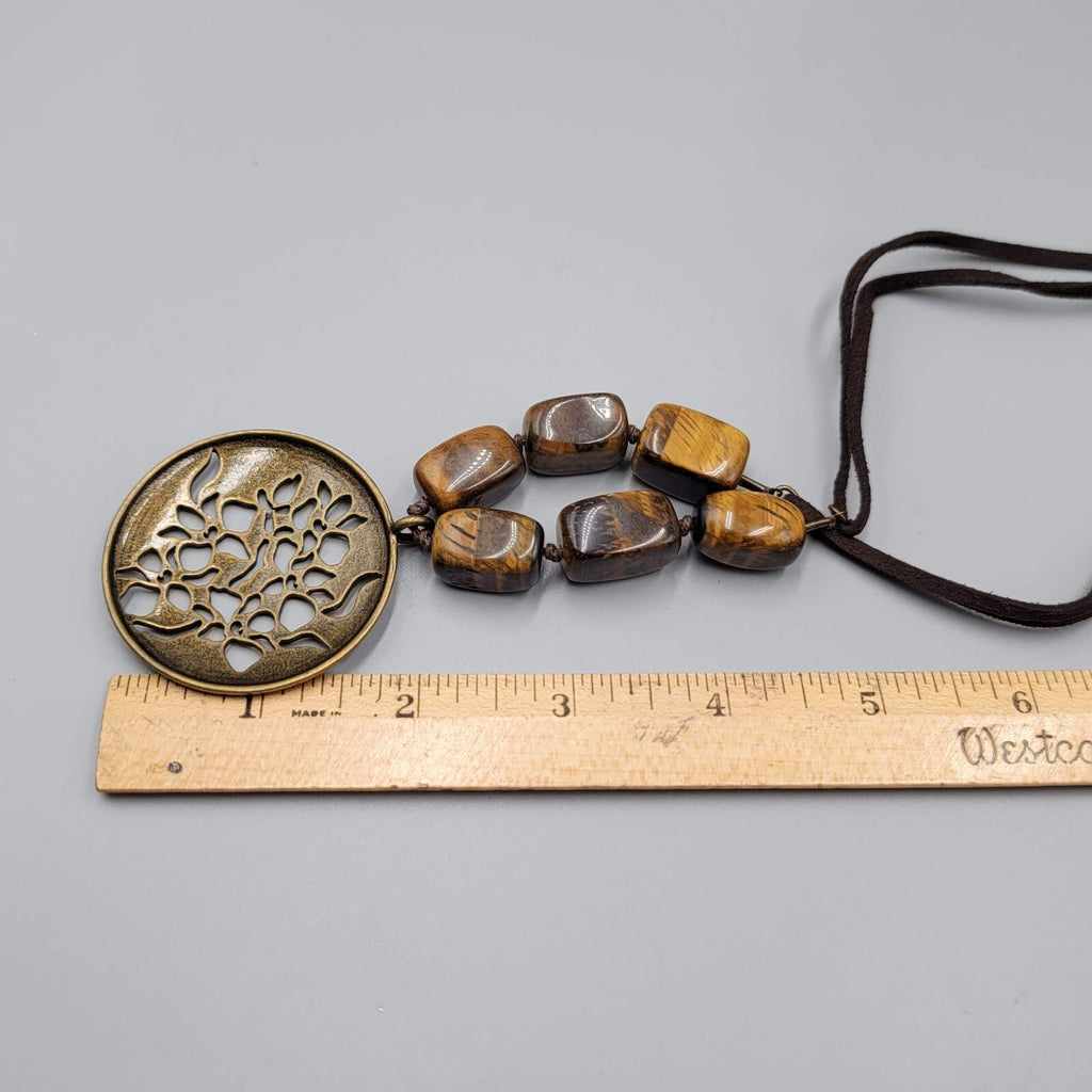 Avon Tigers Eye Stone Bead Necklace Bronze tone Medallion Leather Cord 16"