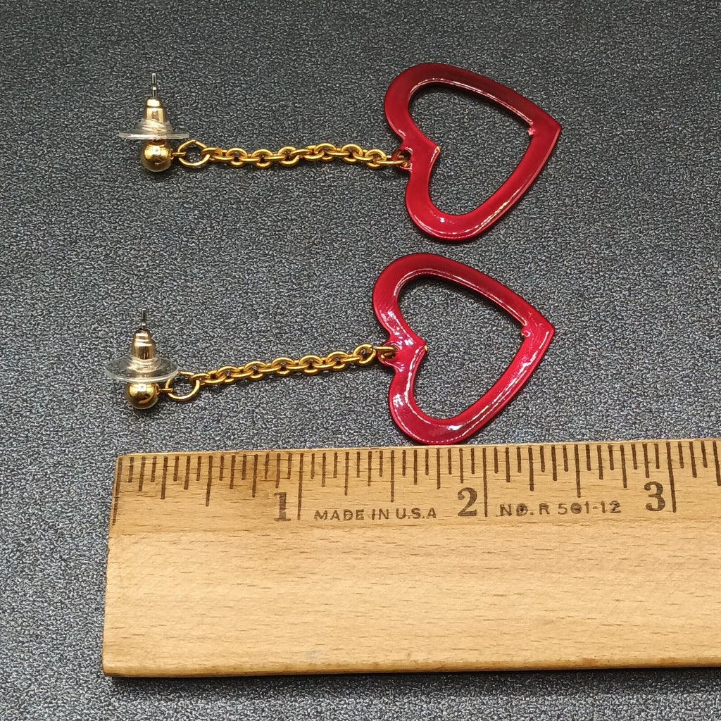 Pierced Earrings Gold tone Chain Sparkle Red Enamel Open Heart 2 1/2"
