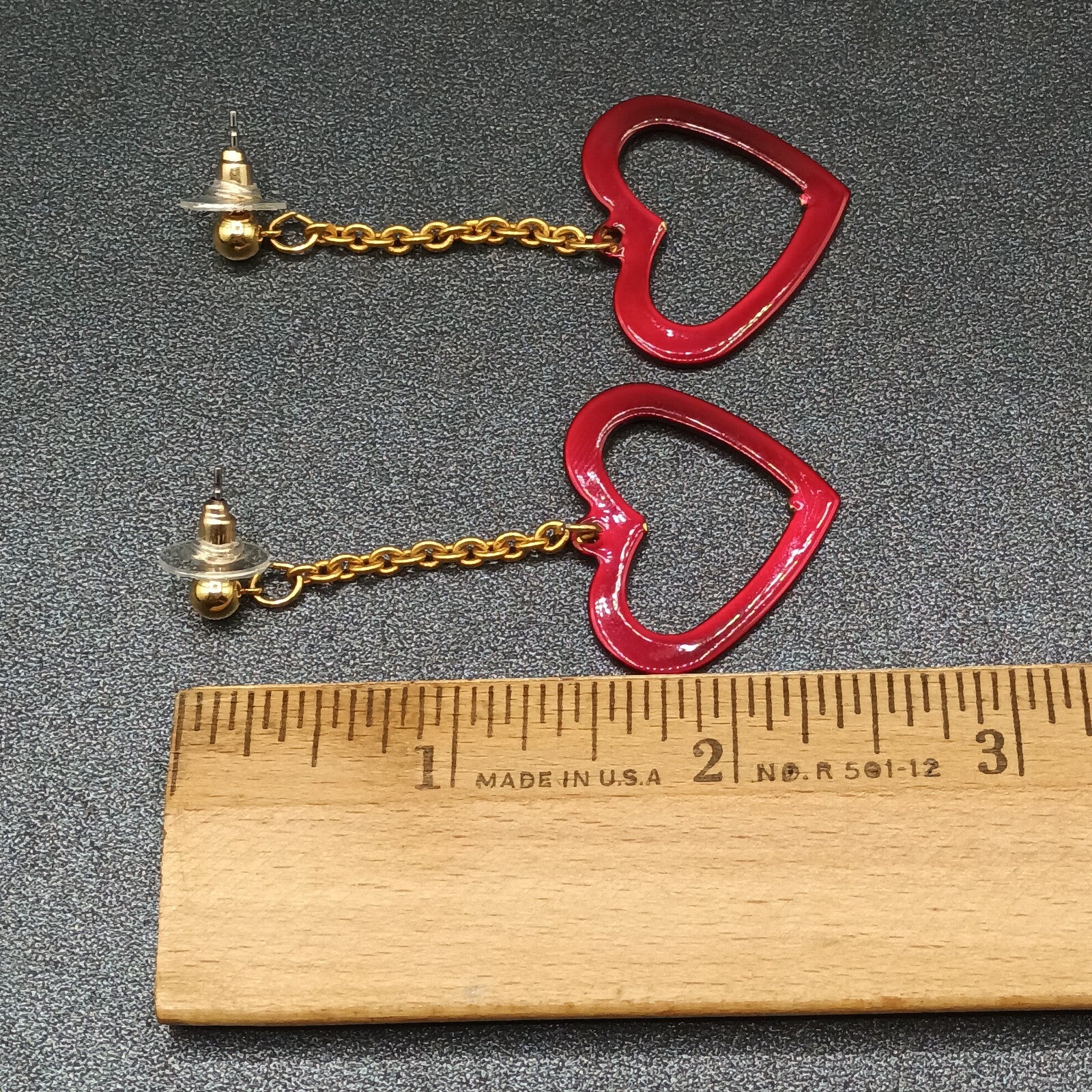 Pierced Earrings Gold tone Chain Sparkle Red Enamel Open Heart 2 1/2"