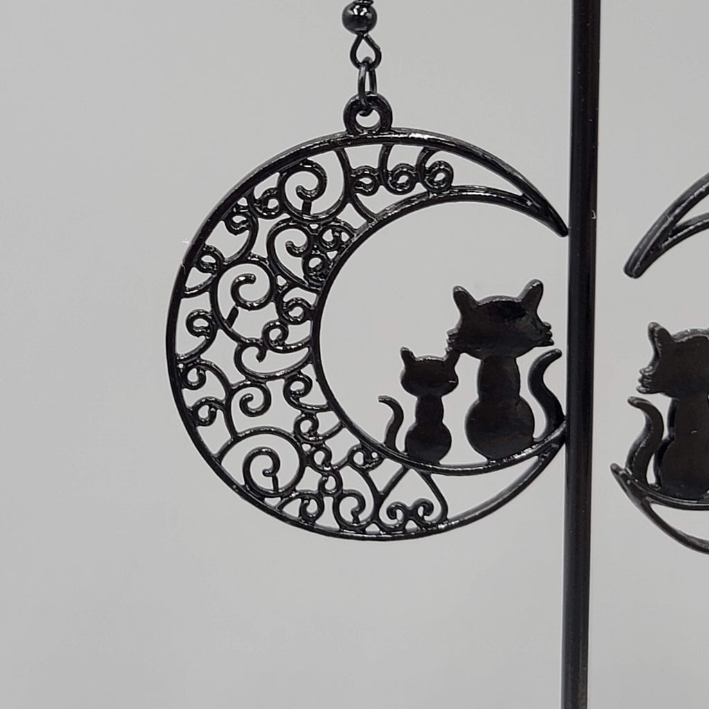 Cat Pierced Earrings Moon Black Enamel Silhouette Dangle 1 5/8"