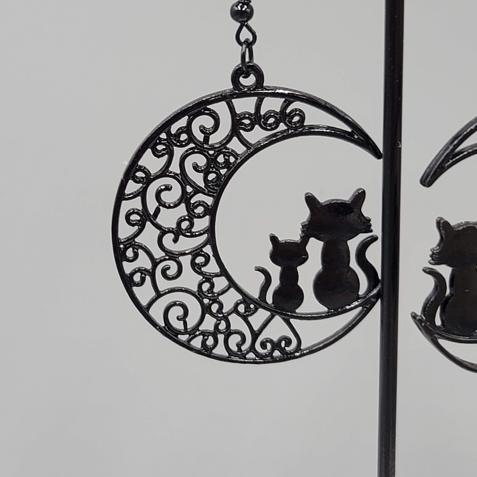 Cat Pierced Earrings Moon Black Enamel Silhouette Dangle 1 5/8"
