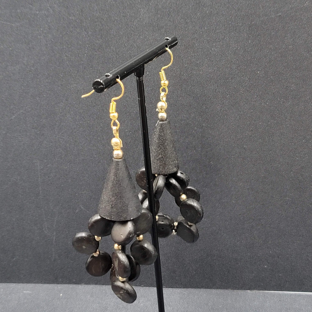 Vintage Pierced Earrings Black Coconut Beaded Statement 2.5"