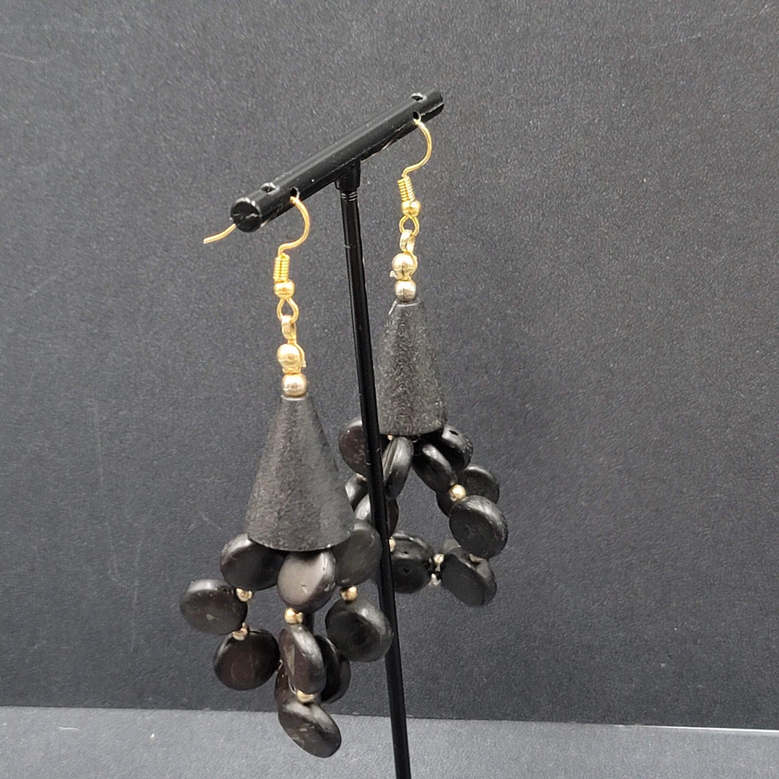 Vintage Pierced Earrings Black Coconut Beaded Statement 2.5"