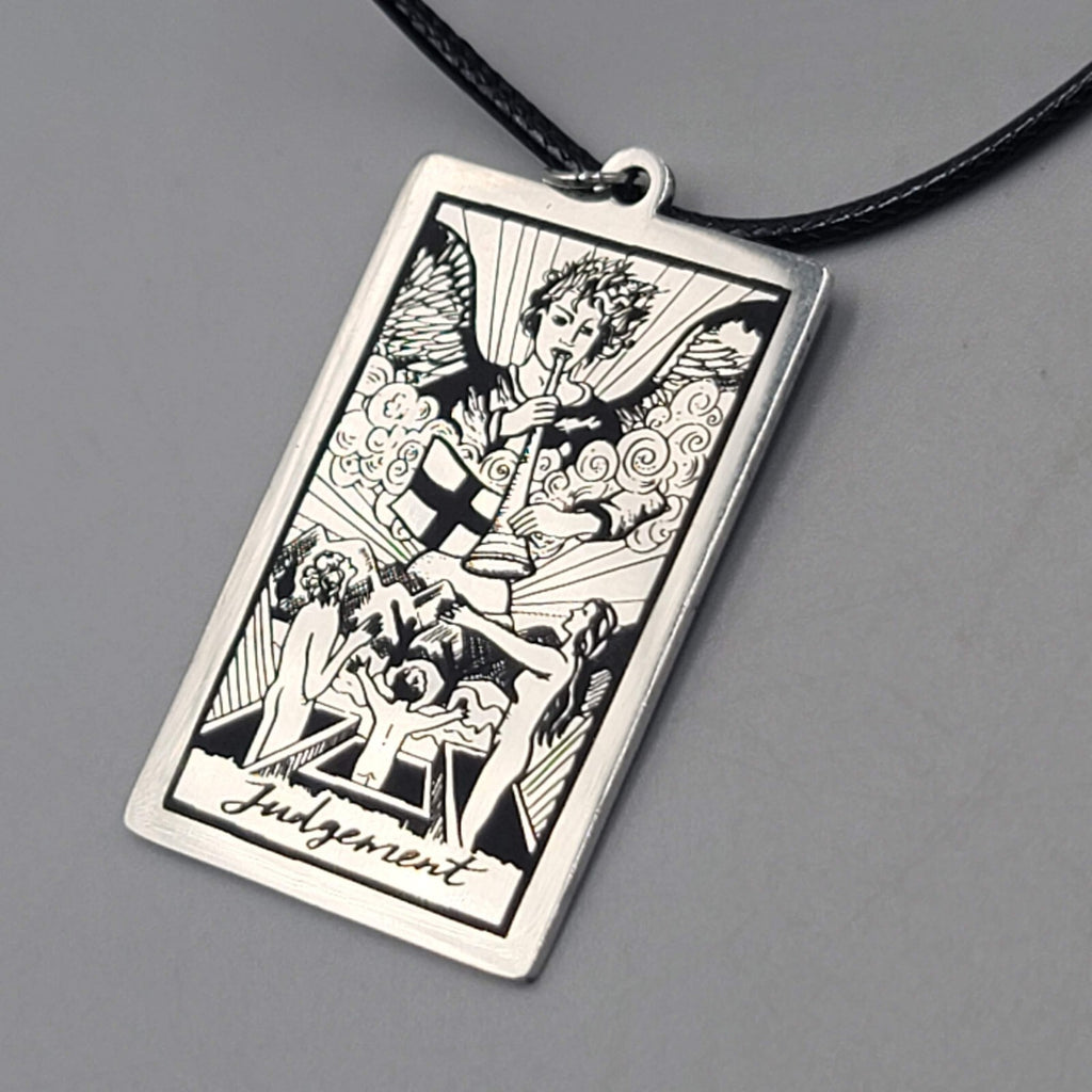 JUDGEMENT Tarot Card Pendant Necklace Major Arcana Silver tone Black Cord 18" Ad