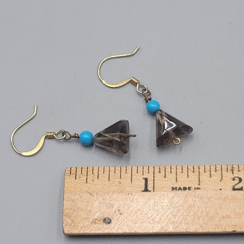 Blue and Triangle Smokey Glass Bead Pierced Earrings Gold tone Dangle 3/4"