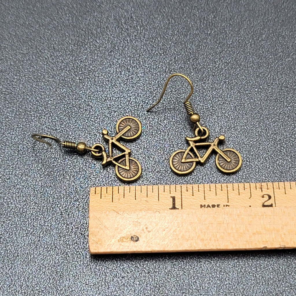 Bicycle Pierced Earrings Bronze tone Dangle 3D 5/8"