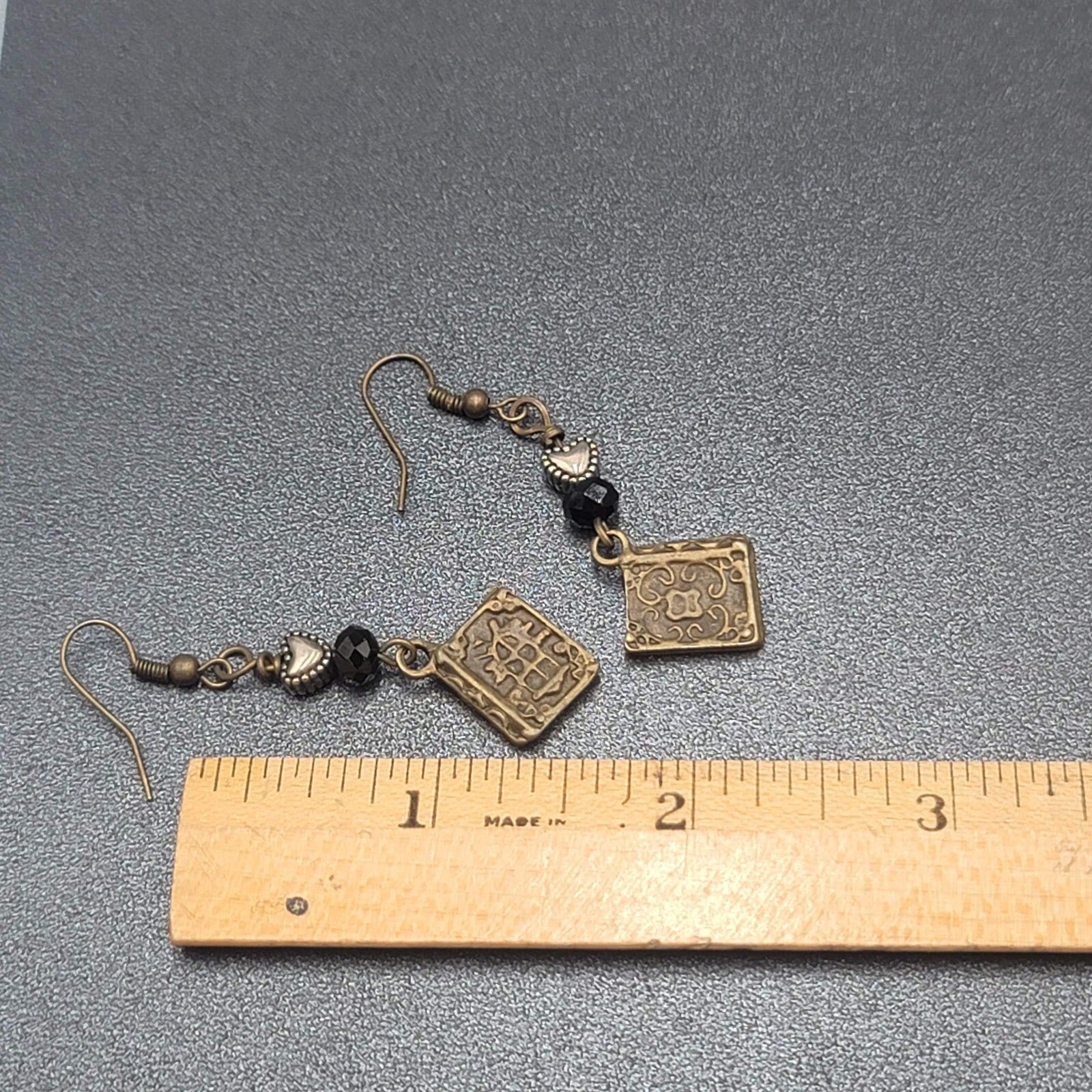 Pierced Earrings Bronze tone Heart Beaded Book Charm Dangle 1 5/8"