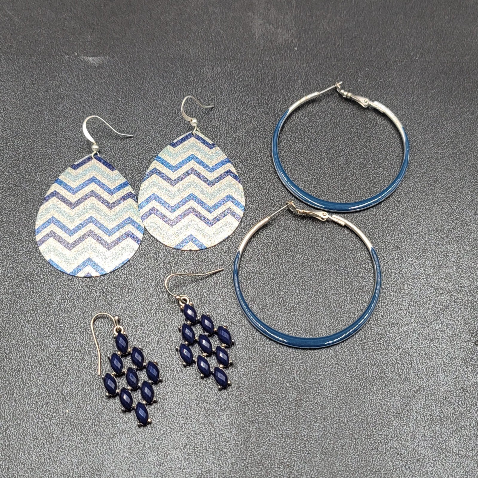 Lot of 3 Pierced Earrings Silver tone Blue Hoops Dangle