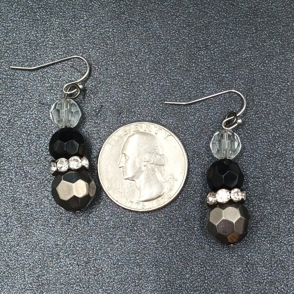 Pierced Earrings Faceted Glass Beaded Silver tone Rhinestone Dangle 1 1/4"