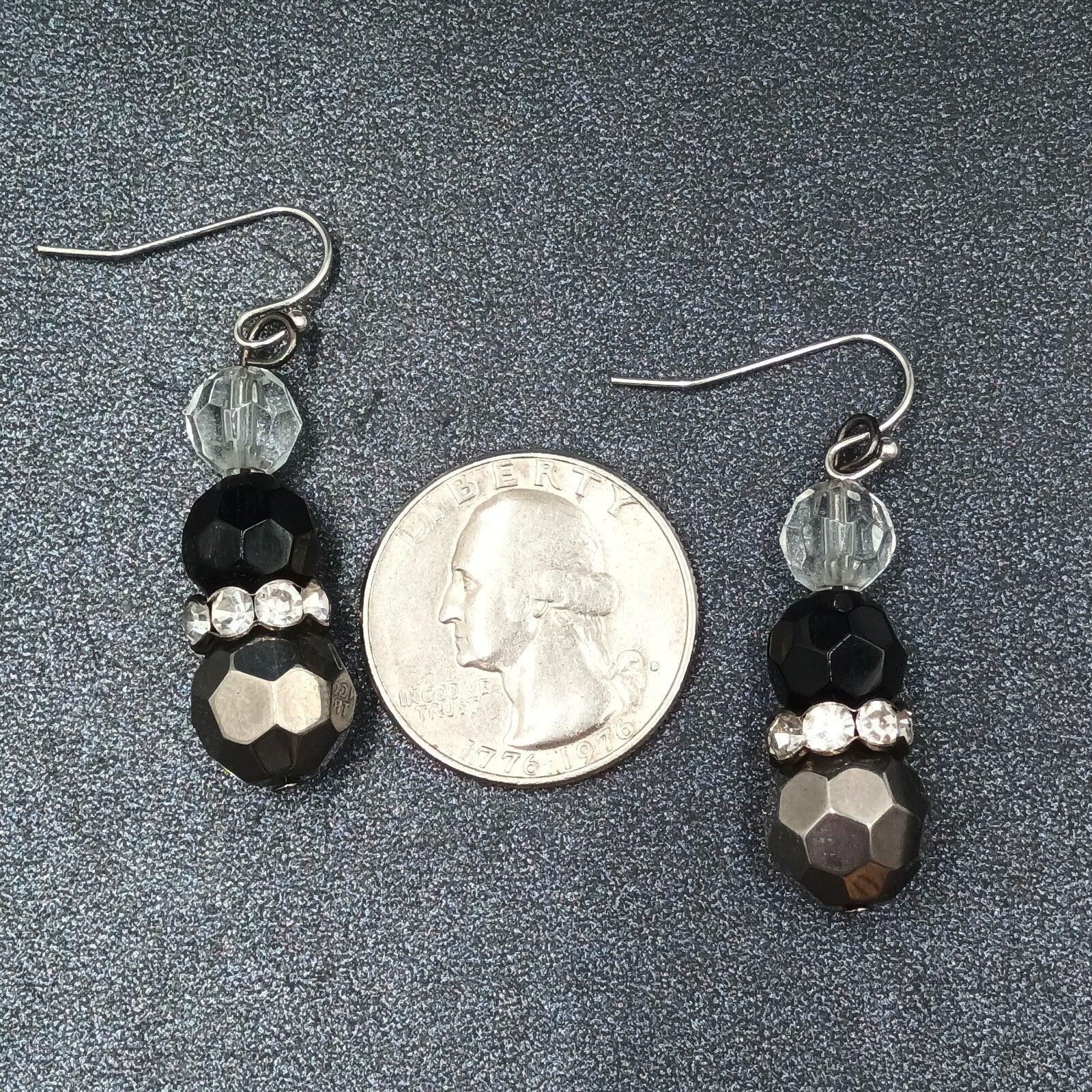 Pierced Earrings Faceted Glass Beaded Silver tone Rhinestone Dangle 1 1/4"