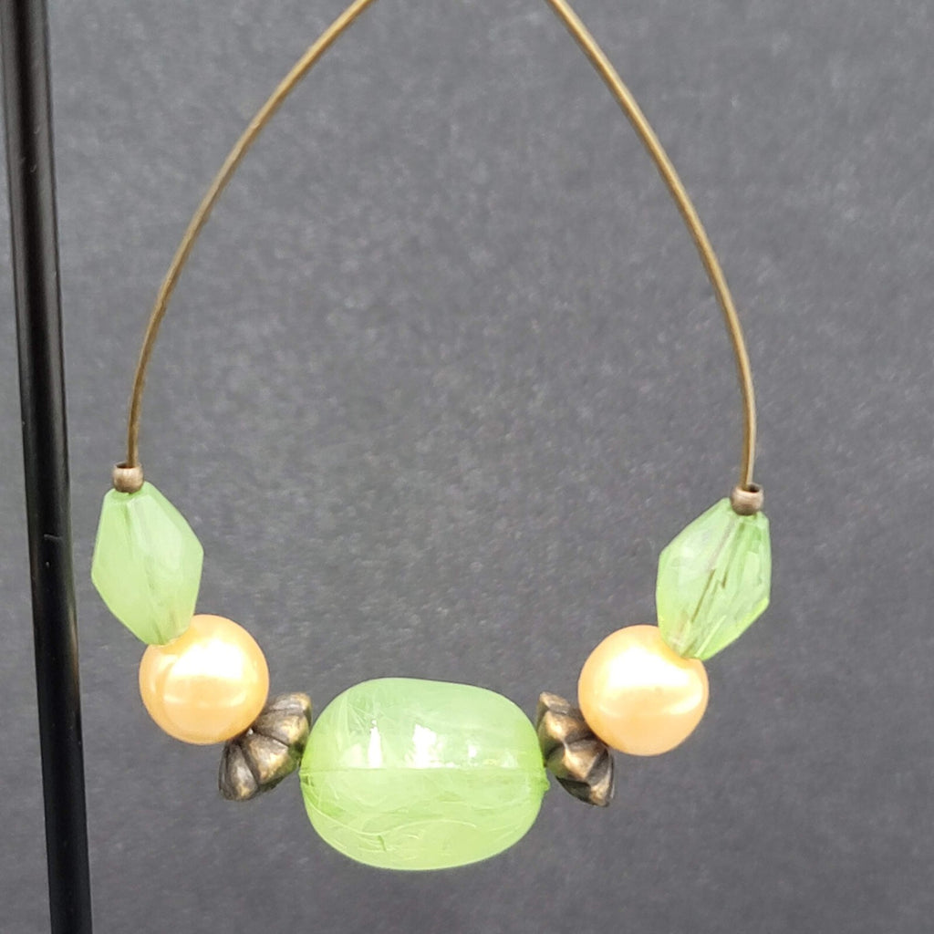 Pierced Earrings Green Bead Faux Pearl Hoops Dangle Statement 2.25"