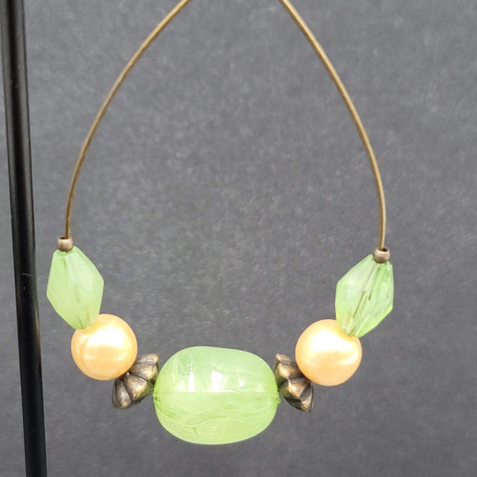 Pierced Earrings Green Bead Faux Pearl Hoops Dangle Statement 2.25"