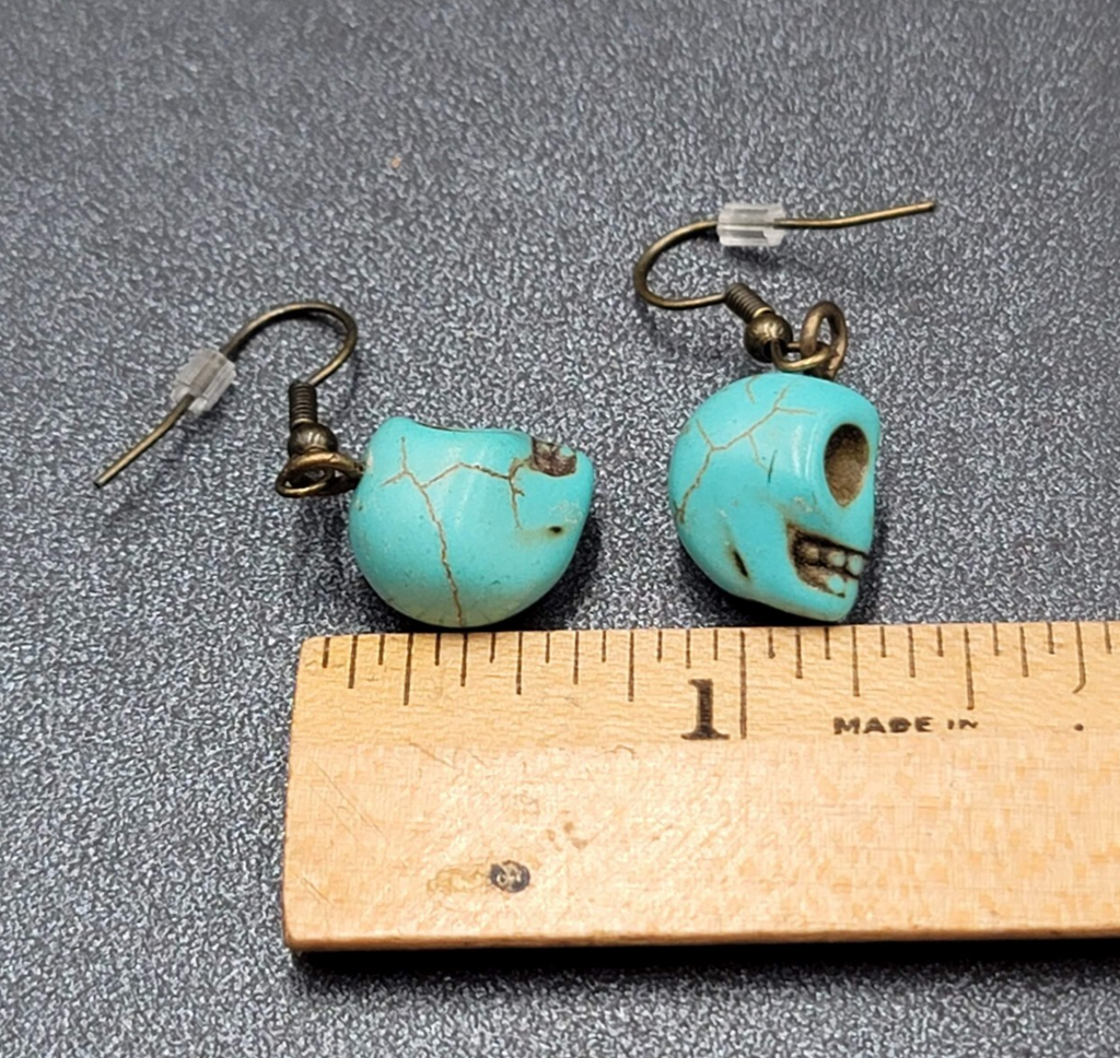 Skull Pierced Earrings Blue Howlite Stone Bead Dangle 3/4"