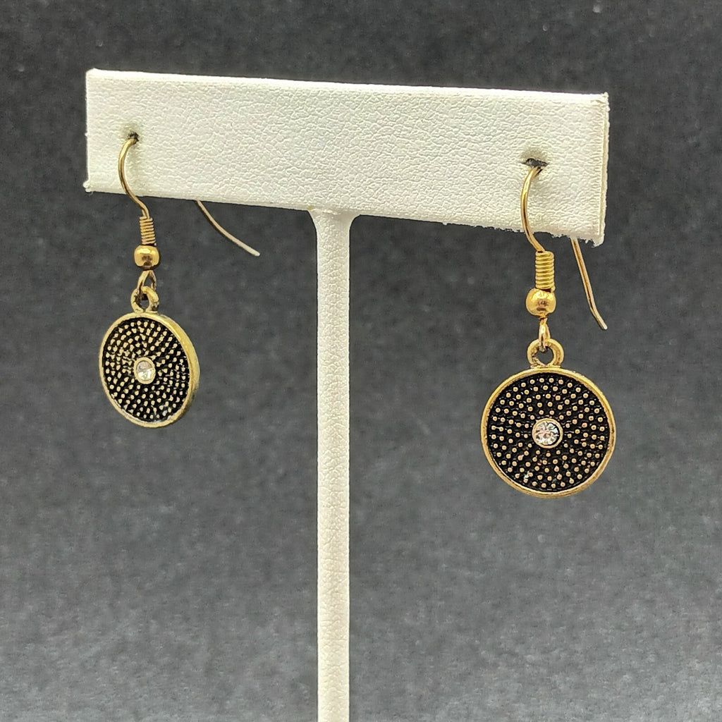 Pierced Earrings Textured Bronze tone Crystal Rhinestone Round Dangle Small 1/2"