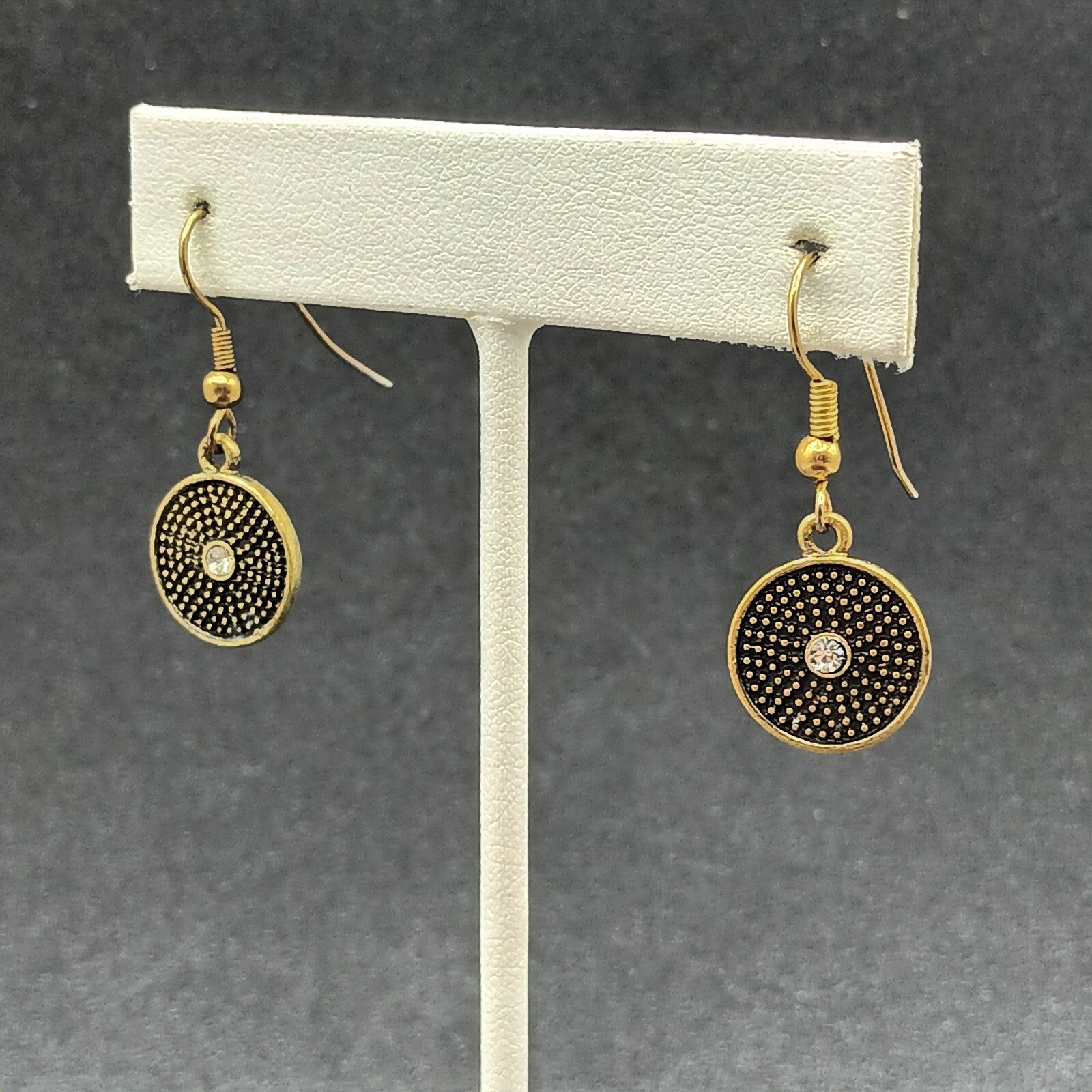 Pierced Earrings Textured Bronze tone Crystal Rhinestone Round Dangle Small 1/2"