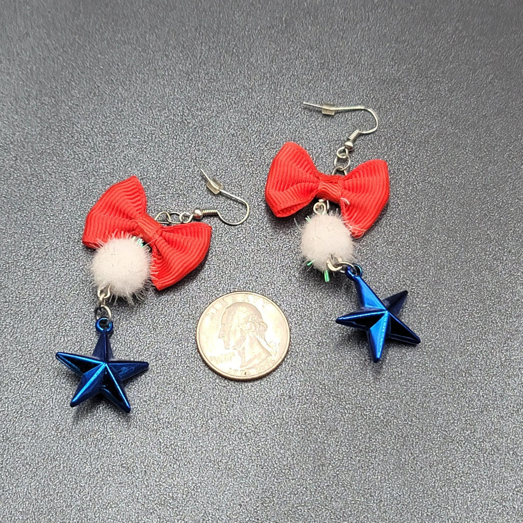 Patriotic Pierced Earrings Red Ribbon Bow Pom Pom Blue Star 2.75"