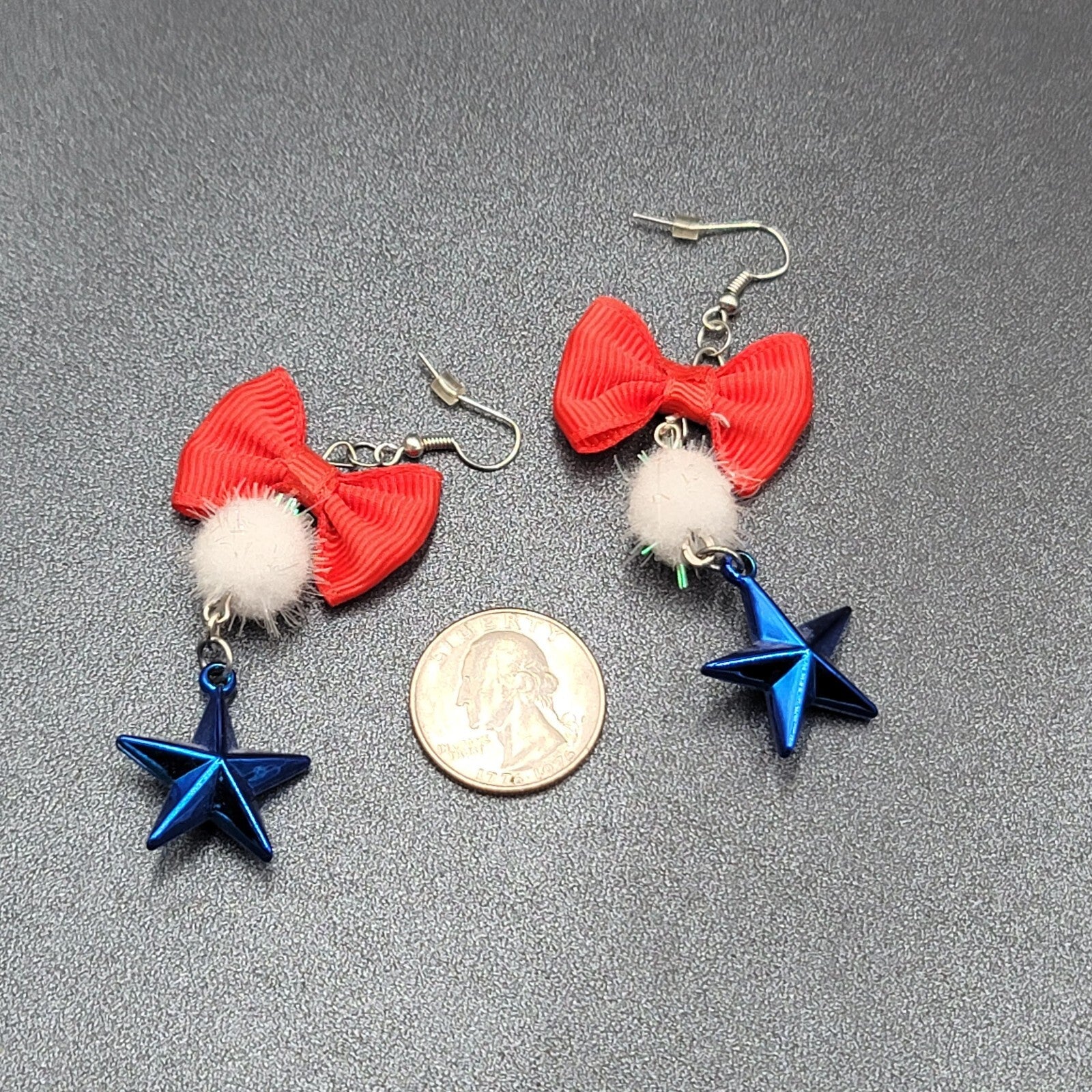 Patriotic Pierced Earrings Red Ribbon Bow Pom Pom Blue Star 2.75"