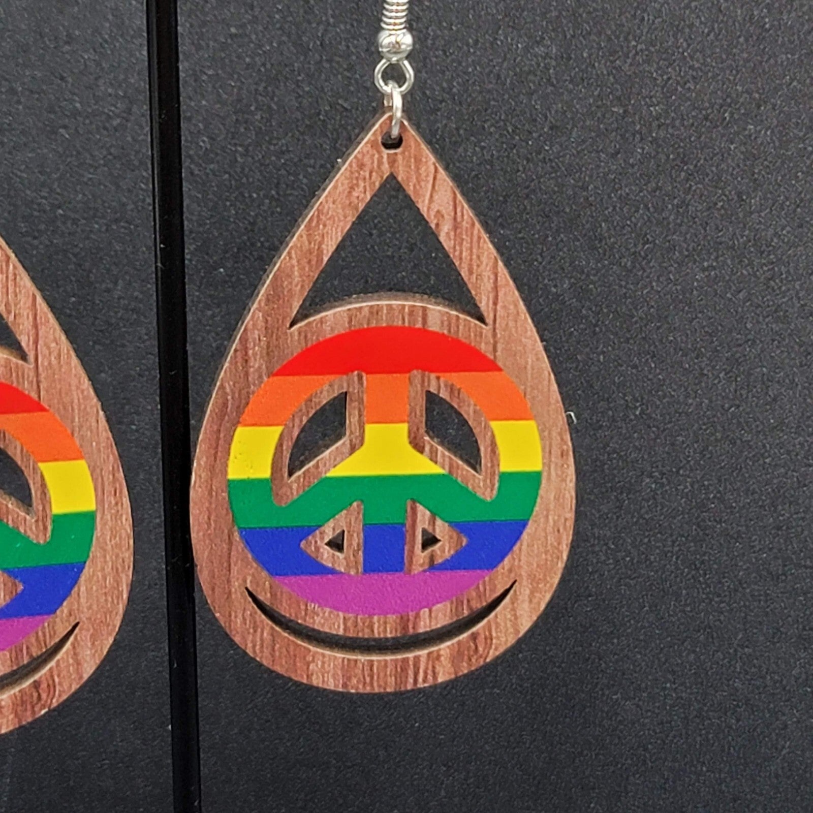 New PRIDE Peace Sign Pierced Earrings Rainbow Wood Teardrop Dangle 2.25"