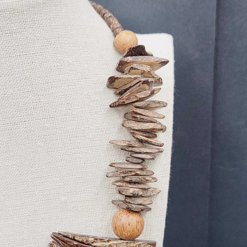 Vintage Coir Coconut Beads Necklace Brown Boho Ethnic Statement 19"