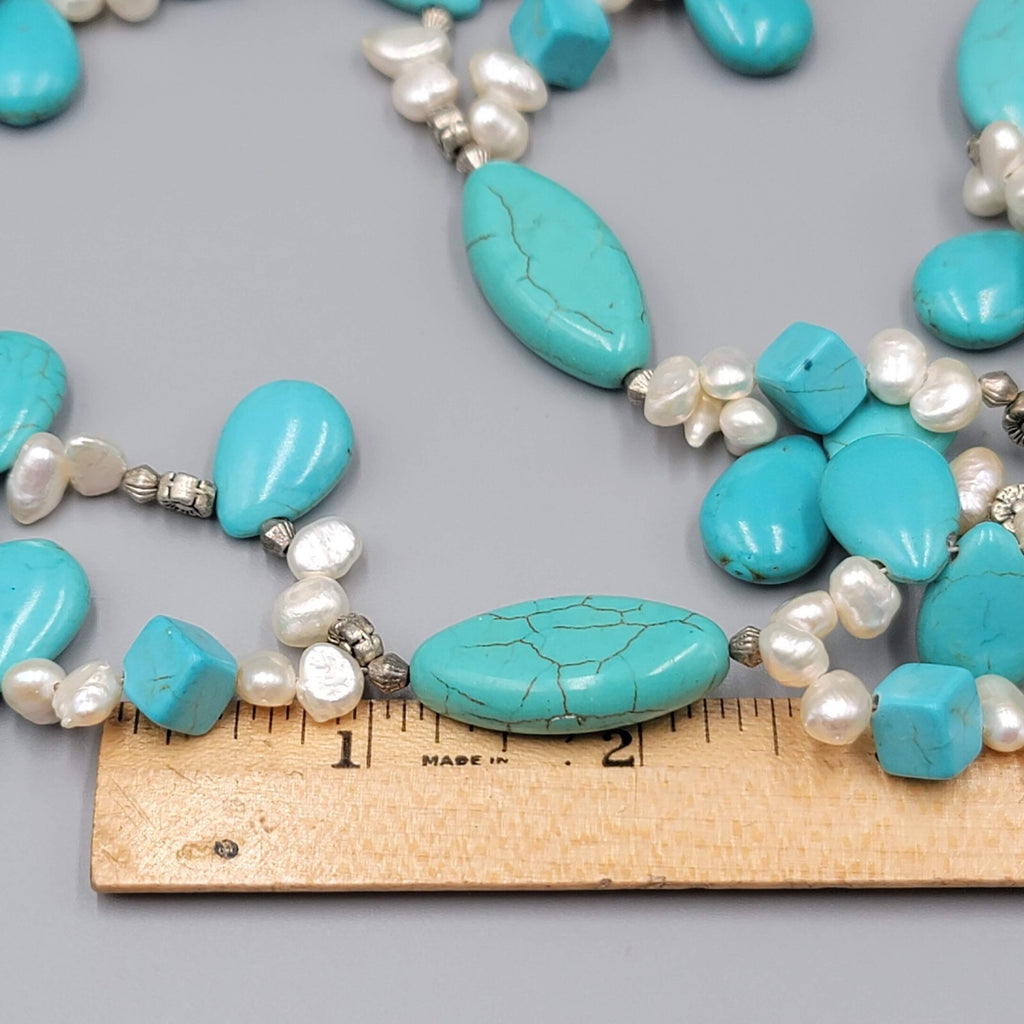Large Statement Stone Bead Necklace Blue Dyed Howlite Pearl Silver tone Toggle