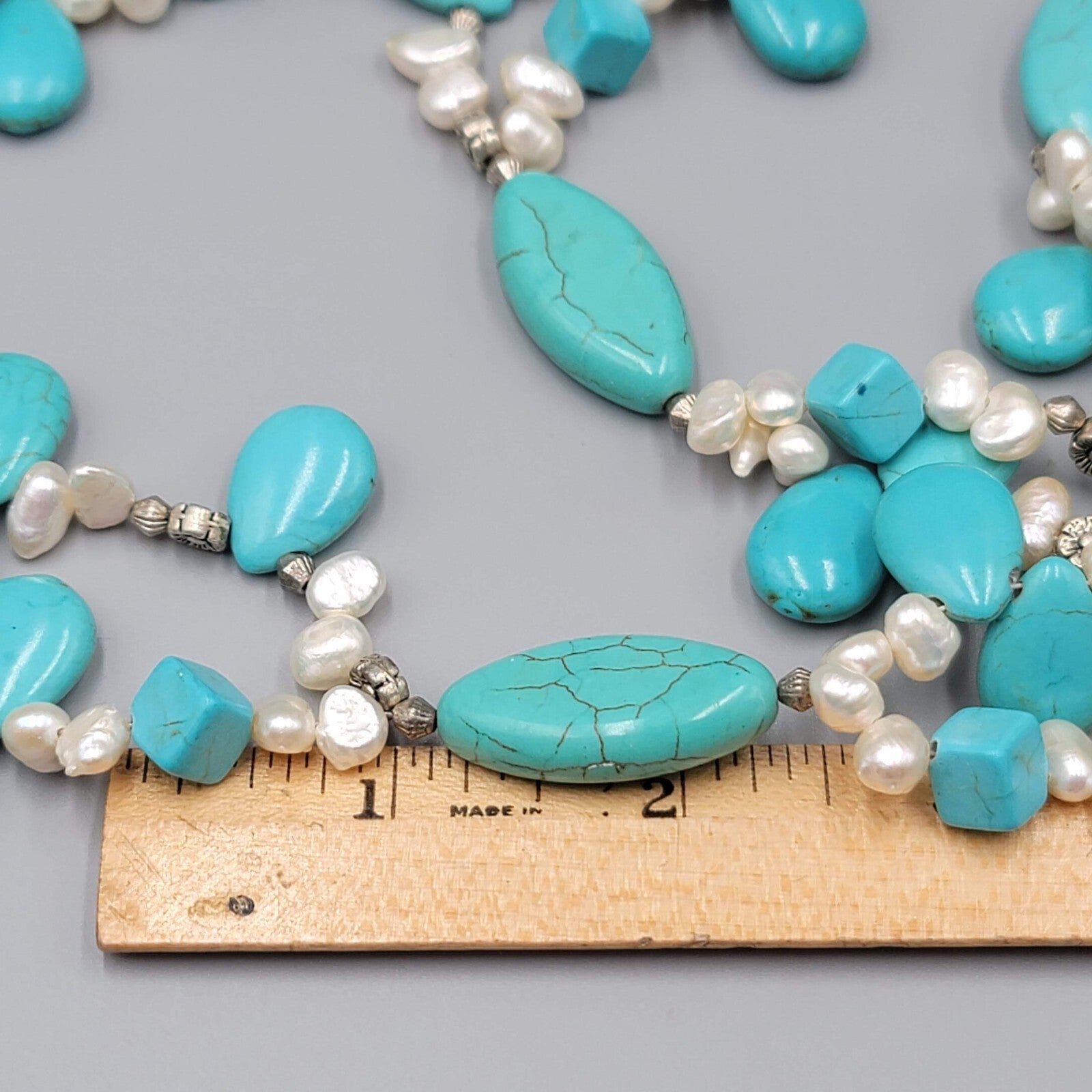 Large Statement Stone Bead Necklace Blue Dyed Howlite Pearl Silver tone Toggle