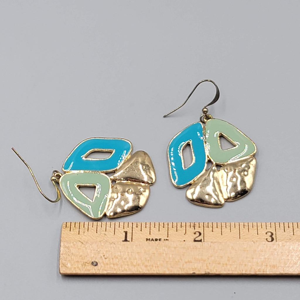Pierced Earrings Gold tone Blue Enamel Dangle 1.5"