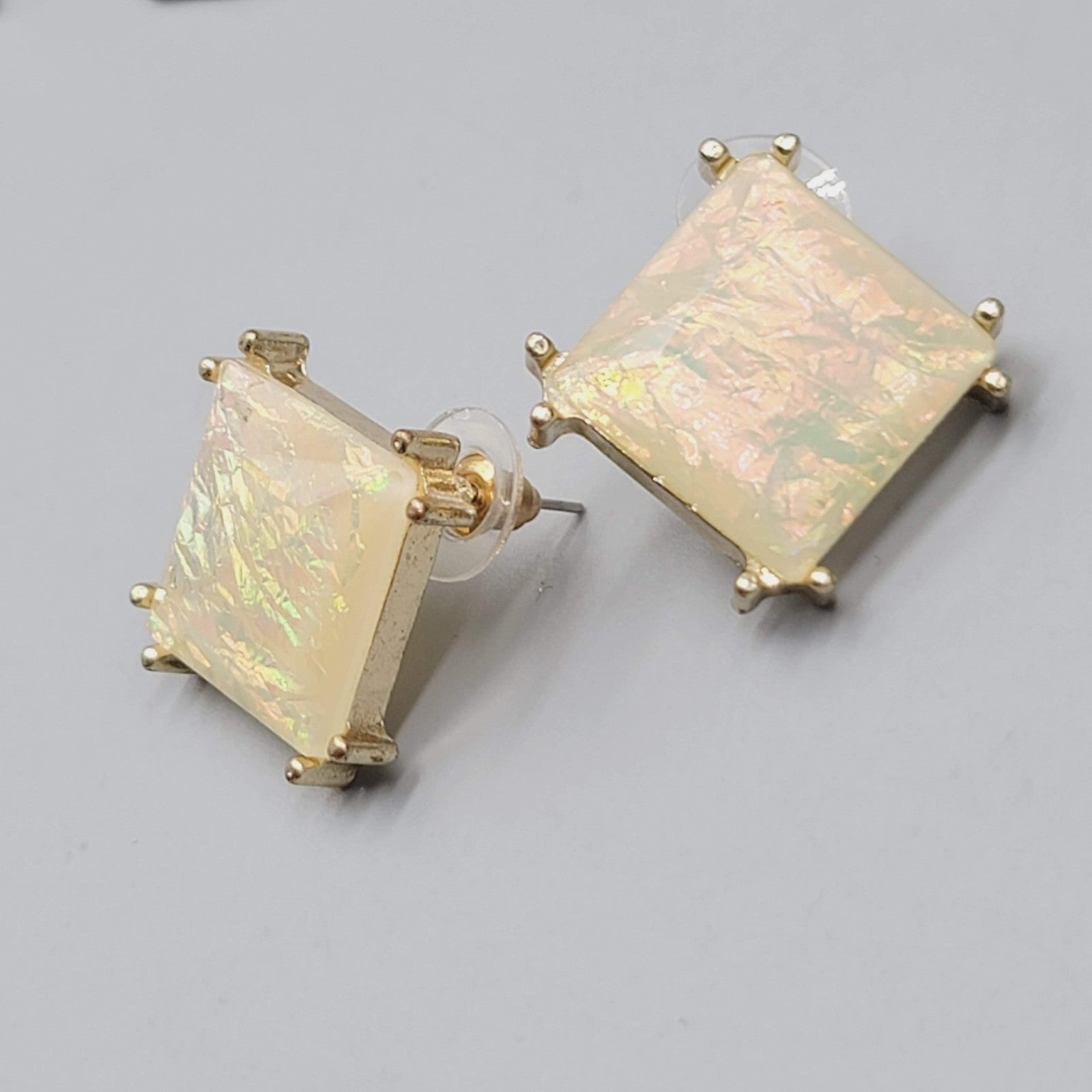 Pierced Earrings Gold tone Drop Iridescent Yellow Statement 1"