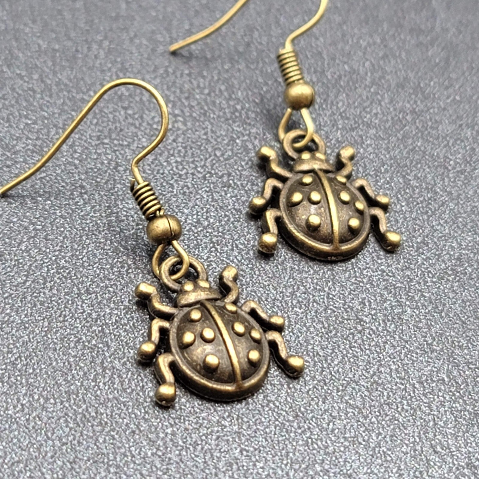 Ladybug Pierced Earrings Dangle Bronze tone 5/8"