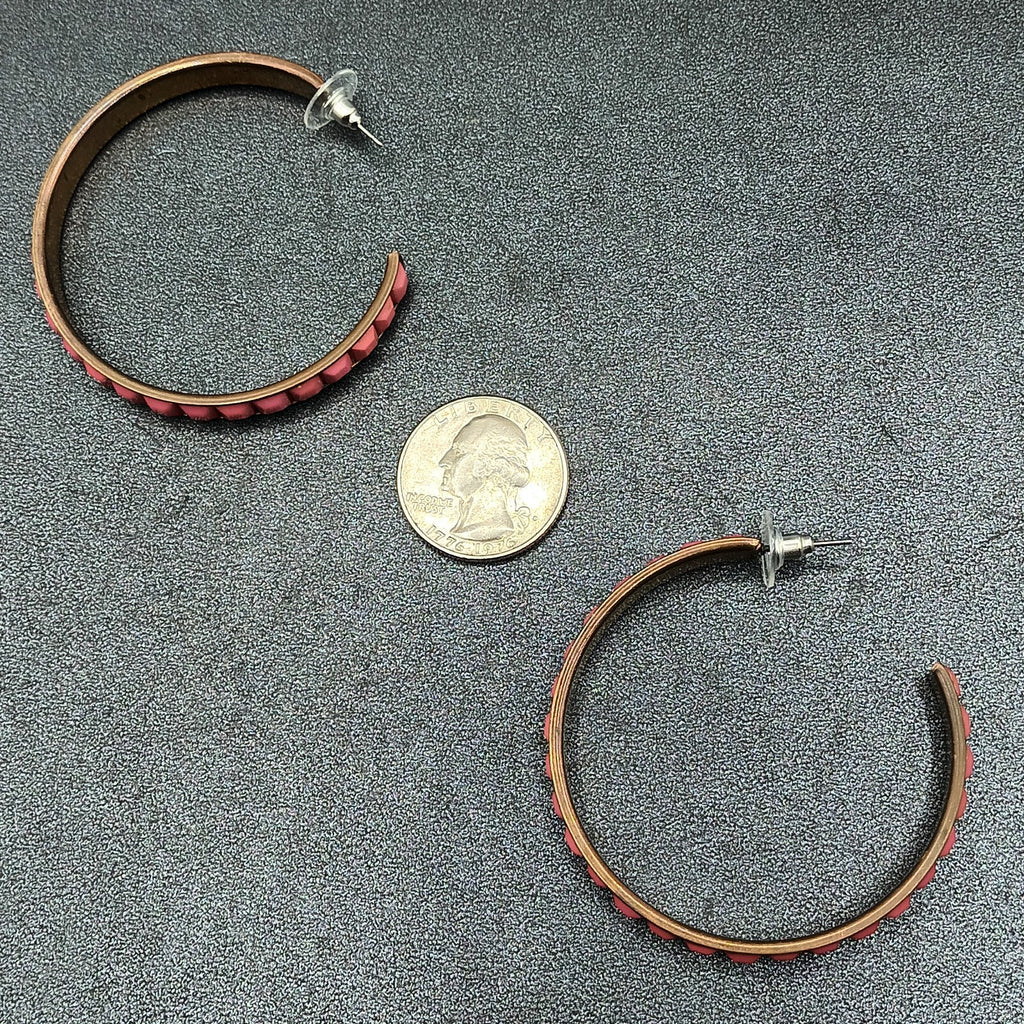 Pierced Earrings Bronze tone Pink Faceted Acrylic Statement Hoop 2 1/8"