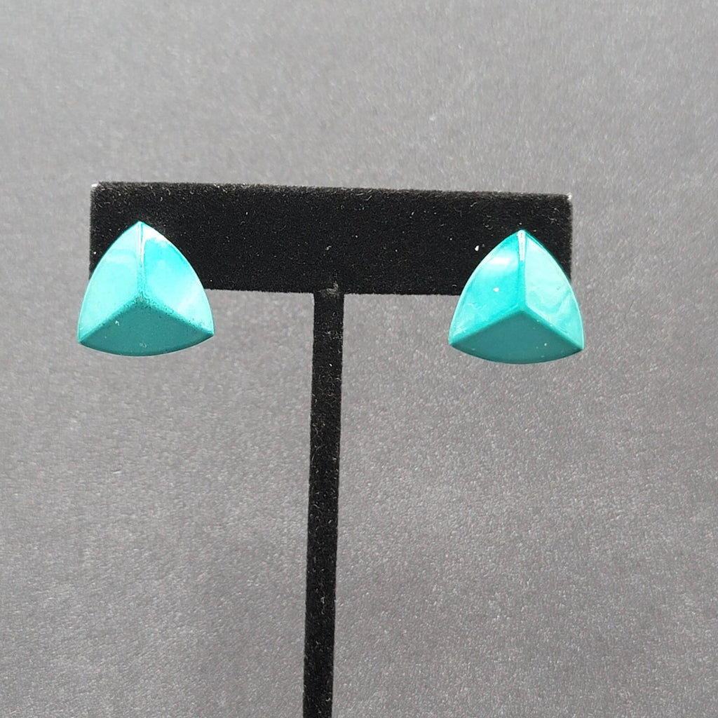 Vintage Pierced Earrings Teal Enamel over Metal Triangle Studs 3/4"