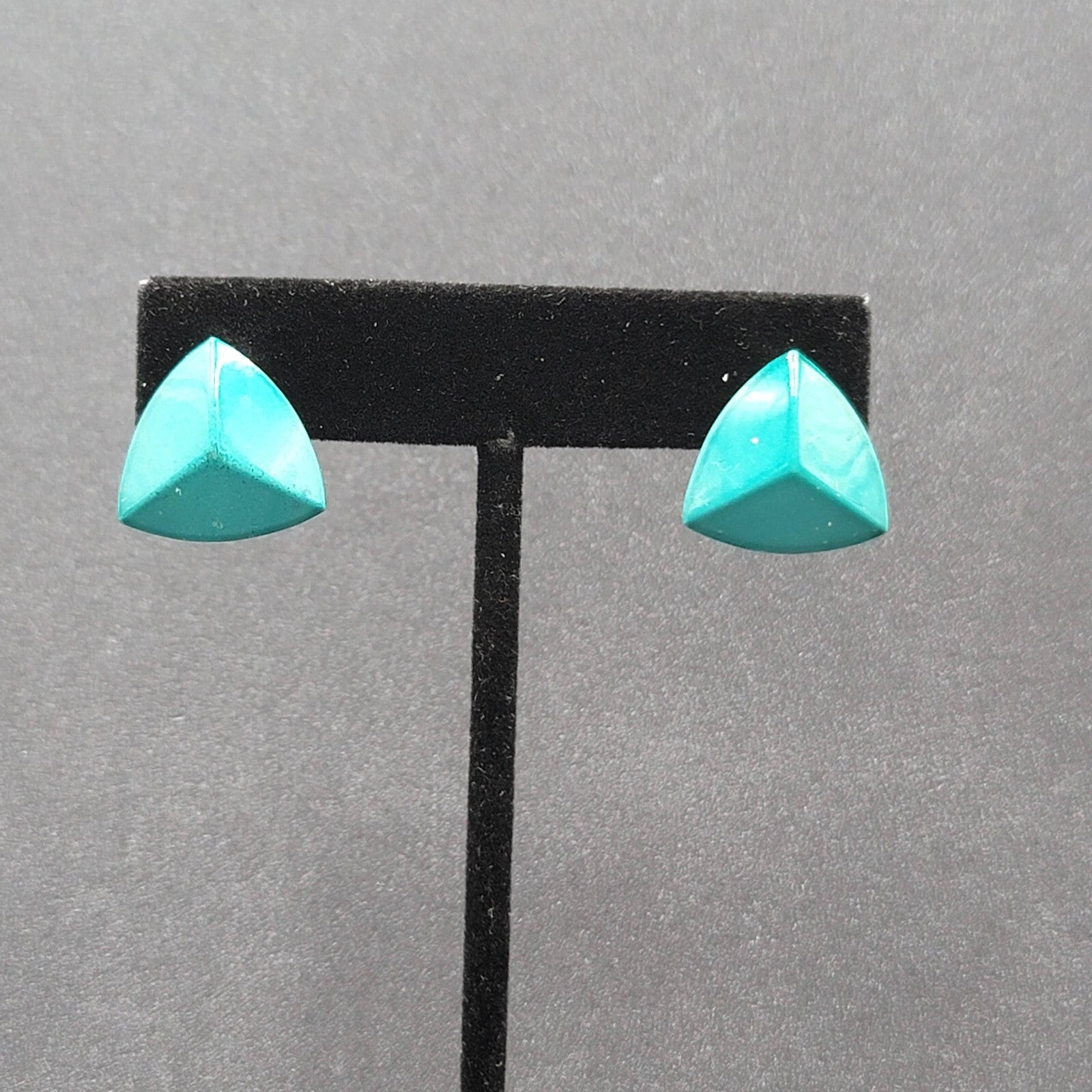 Vintage Pierced Earrings Teal Enamel over Metal Triangle Studs 3/4"