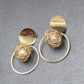 Pierced Earrings Gold tone Large Statement Wire Wrapped White Bead 2.25"
