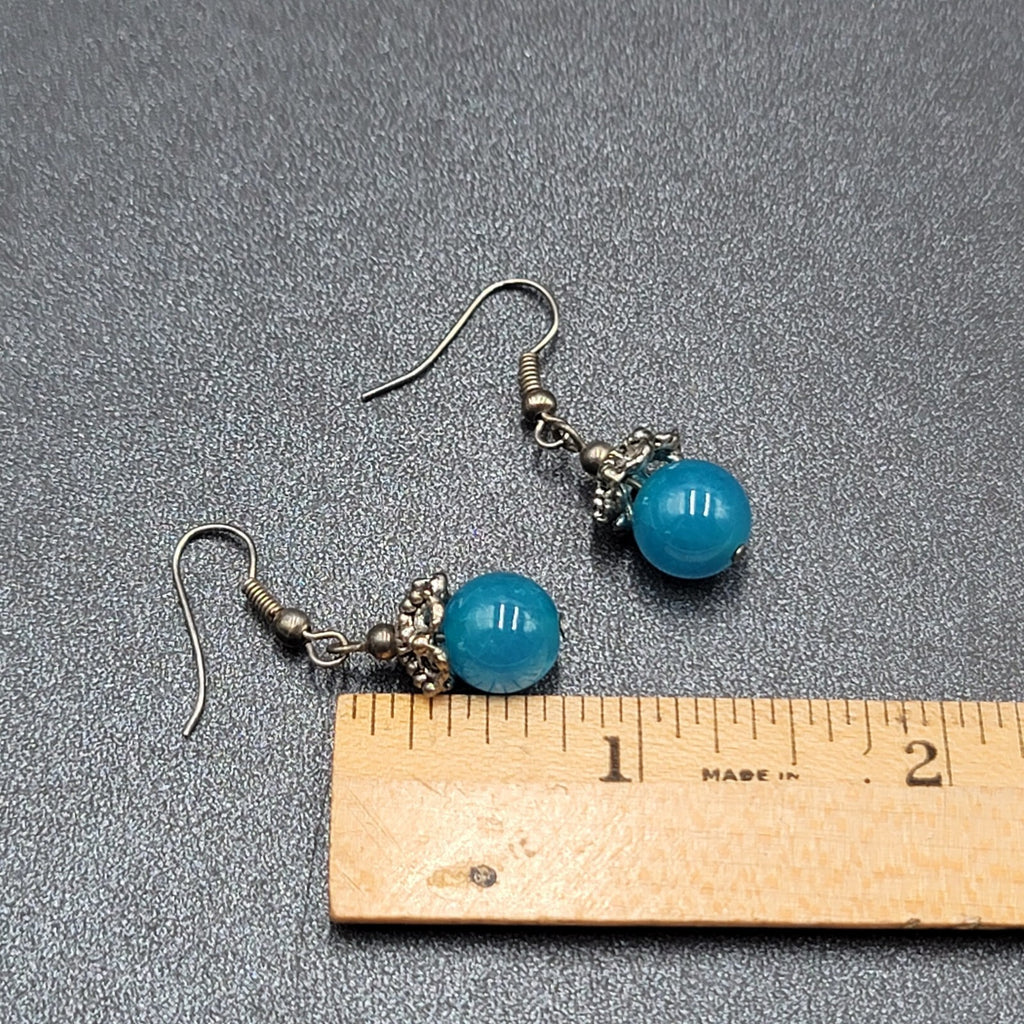 Pierced Earrings Silver tone Filigree Capped Blue Glass Bead Dangle 3/4"
