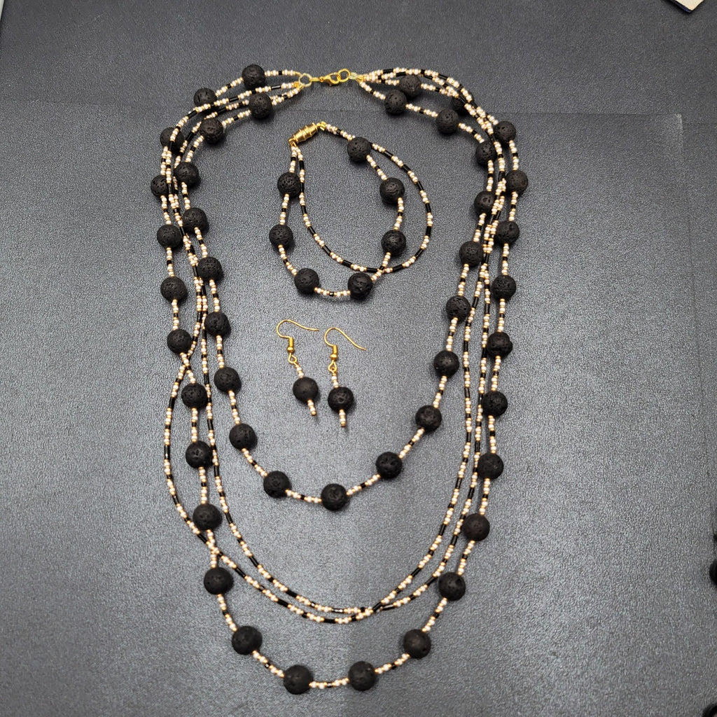 Beaded Necklace Bracelet Earrings Set Gold tone White Black Lava Bead Set