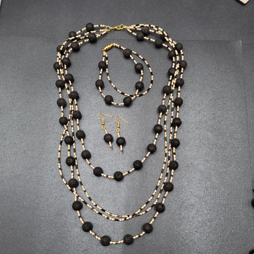 Beaded Necklace Bracelet Earrings Set Gold tone White Black Lava Bead Set