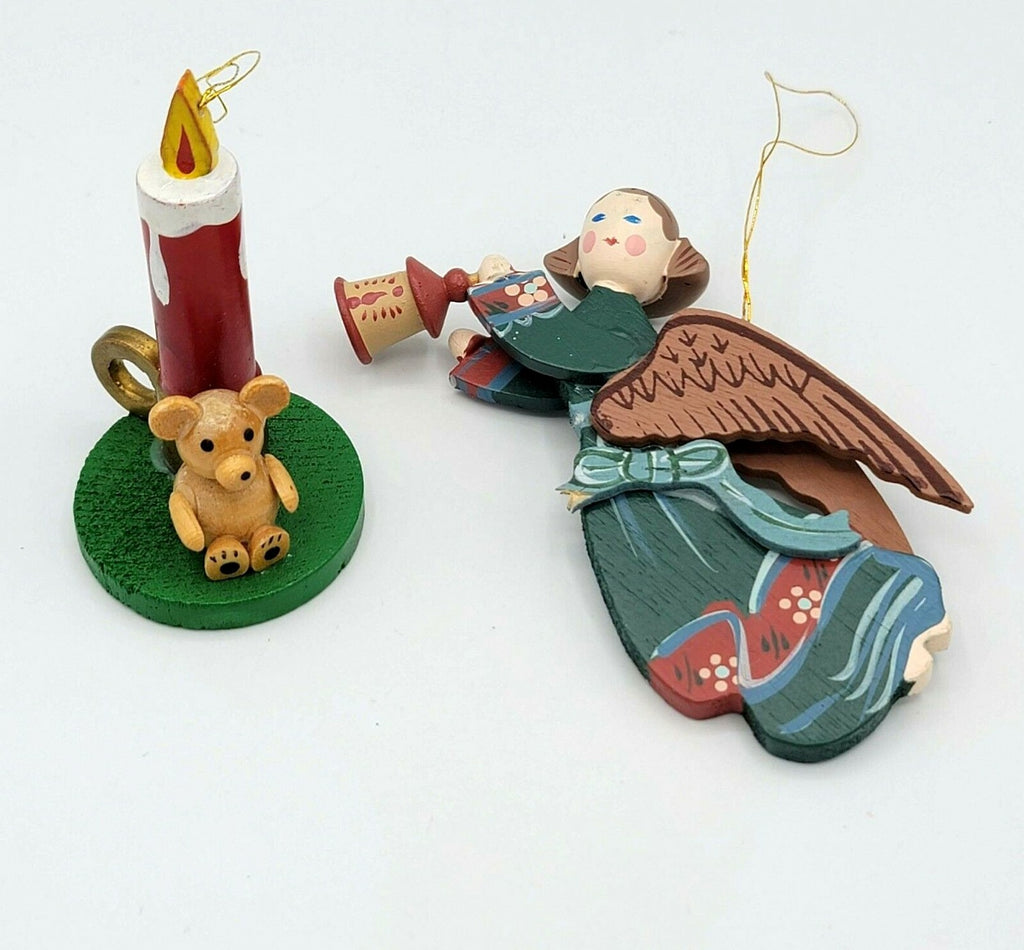Wood Christmas Ornaments Lot of 2 Hand Painted Angel Trumpet Candle Teddy Bear