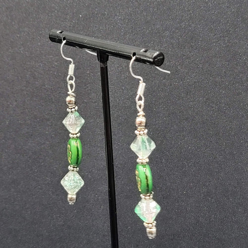Beaded Pierced Earrings Dangle Silver tone Hook Green Bead Shamrock