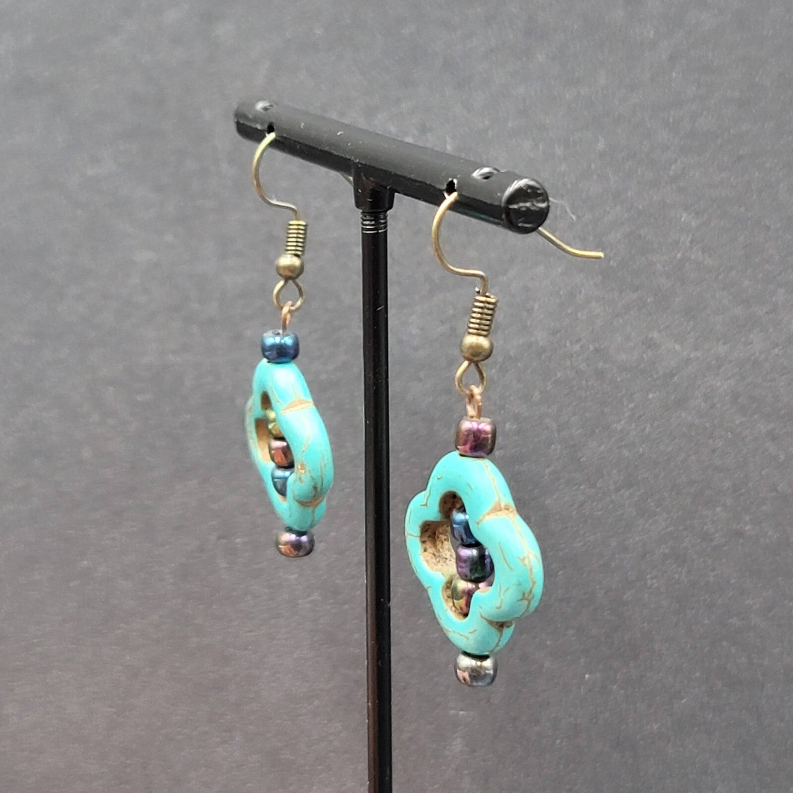 Pierced Earrings Dyed Blue Howlite Open Work Bead Dangle  1 1/8"
