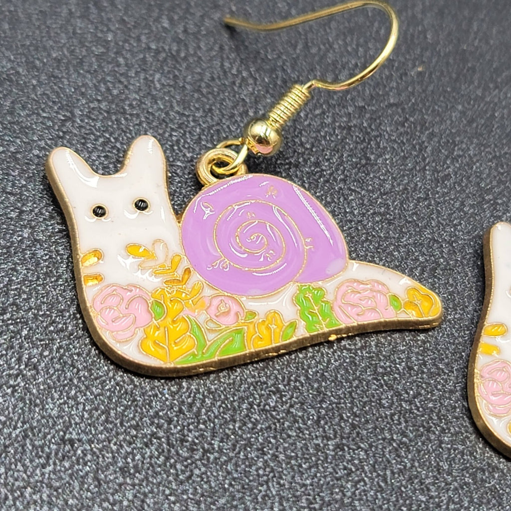 Purple Snail Pierced Earrings Gold tone Enamel Flowers Dangle 3/4"