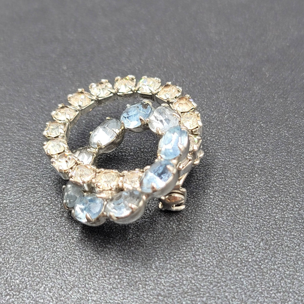 Vintage Brooch Blue Rhinestone Intertwined Circles 1 3/8" Estate Jewelry
