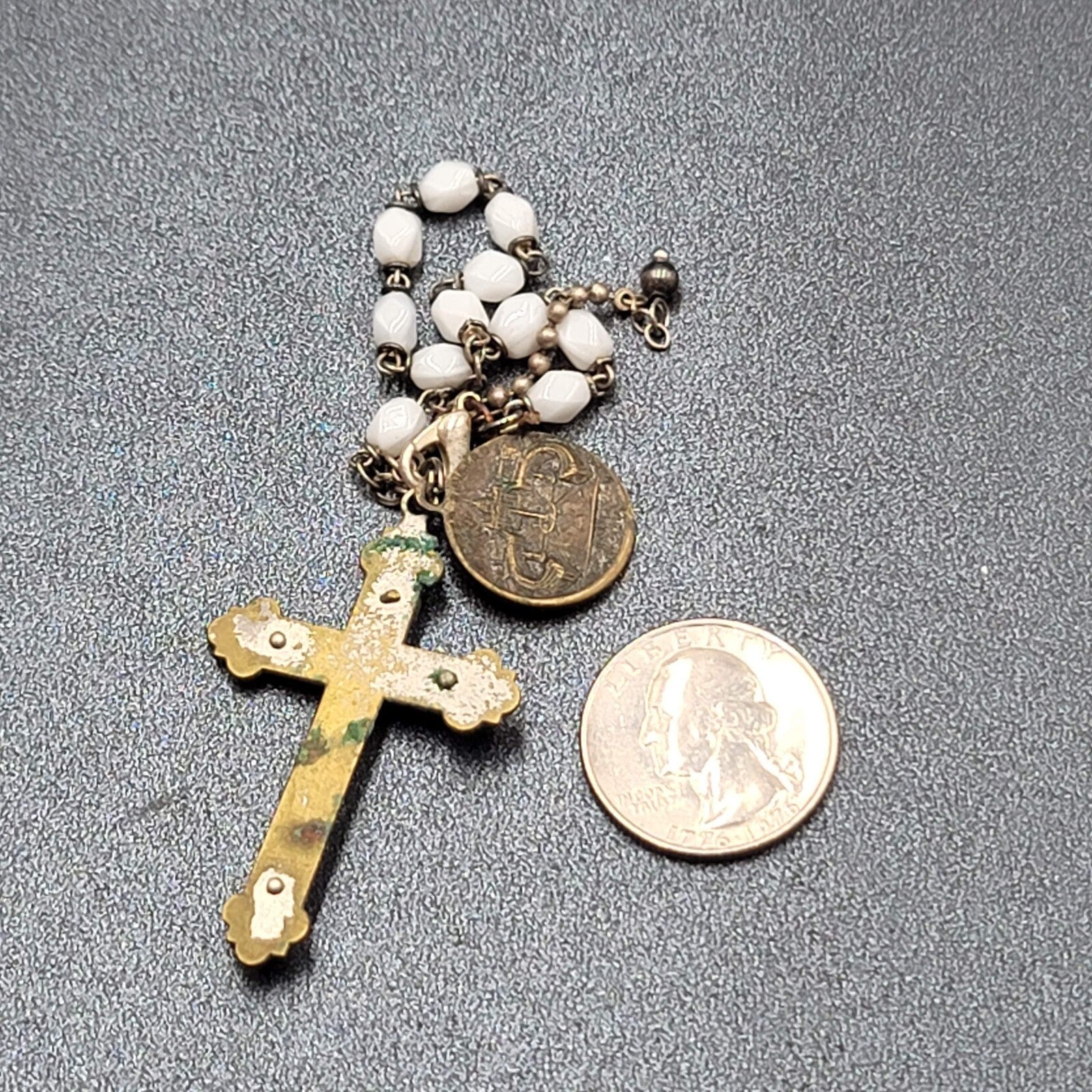 Vintage Pont Max Pius XII Crucifix Rosary Bracelet Car Hanger White Bead