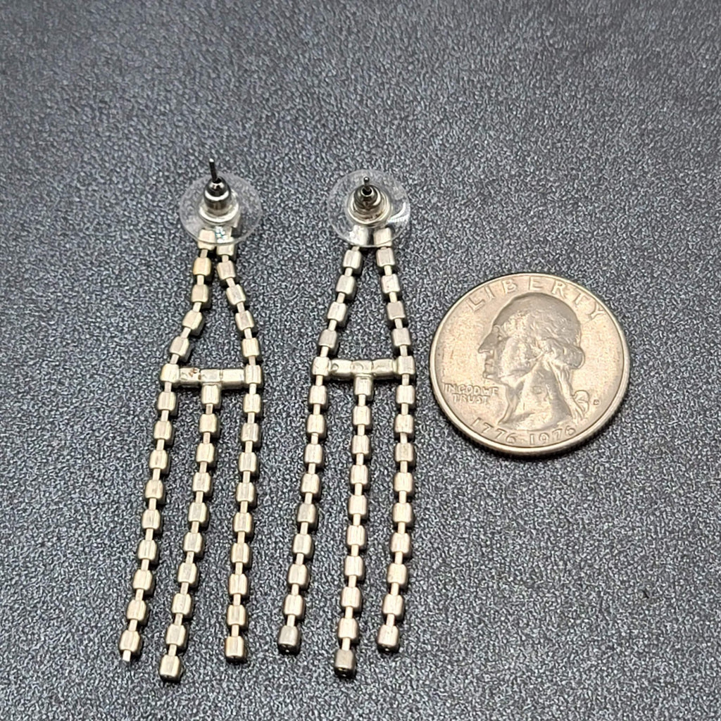 Vintage Pierced Earrings Silver tone Rhinestone Triple Dangle 2.25"