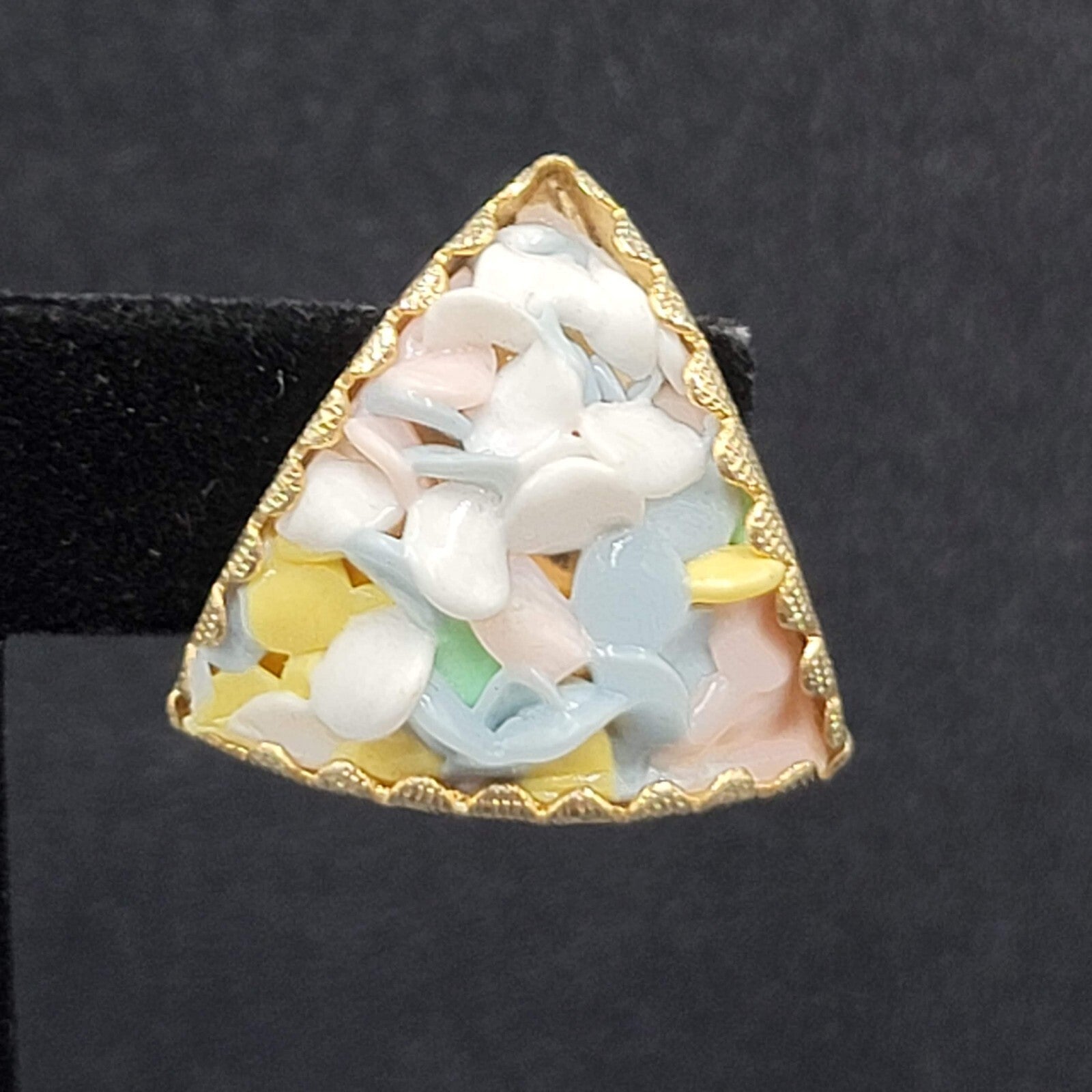 Vintage Clip on Earrings Gold tone Triangle Multicolor Pastel Glass Chips 1"
