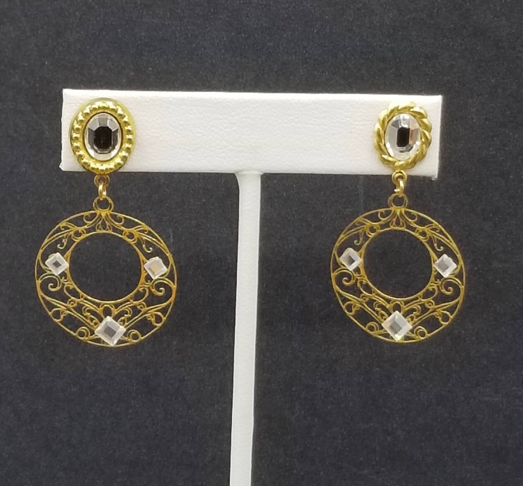 Pierced Earrings Gold tone Crystal Open Work Round Dangle 1 3/4"