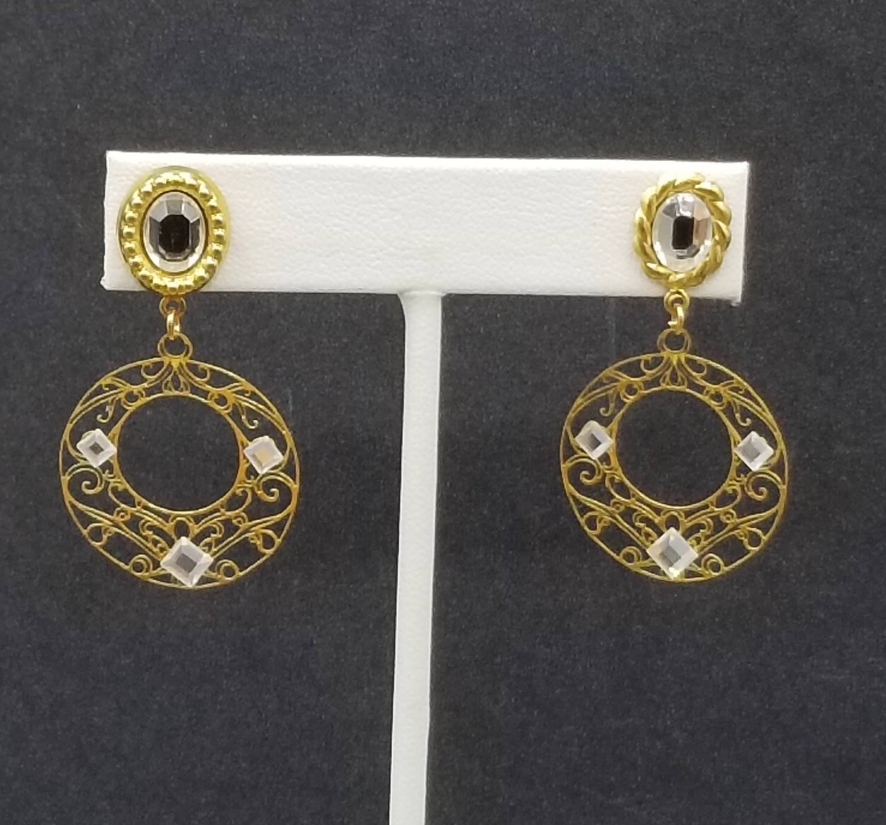 Pierced Earrings Gold tone Crystal Open Work Round Dangle 1 3/4"