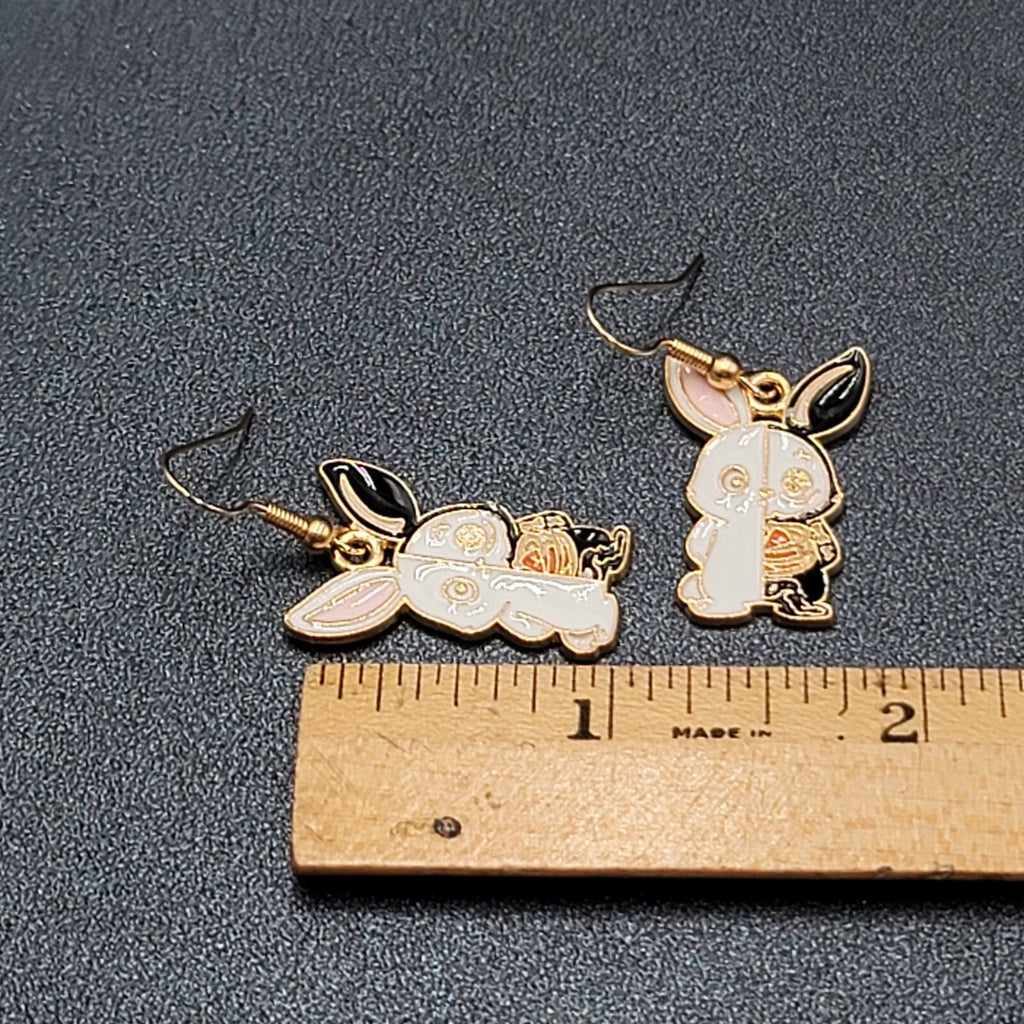 Zombie Rabbit Bunny Pierced Earrings Halloween Half Skeleton Enamel Dangle 1"