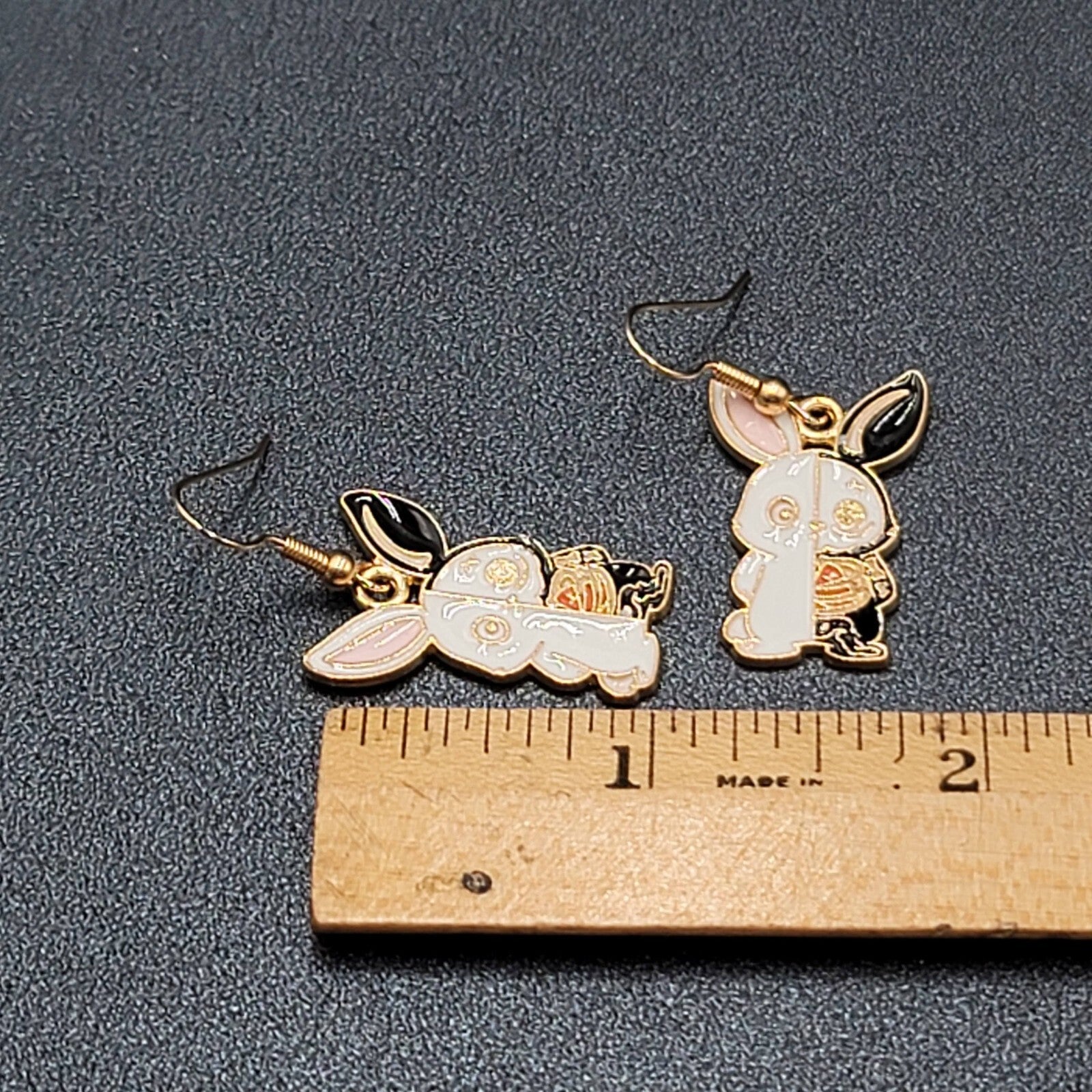 Zombie Rabbit Bunny Pierced Earrings Halloween Half Skeleton Enamel Dangle 1"
