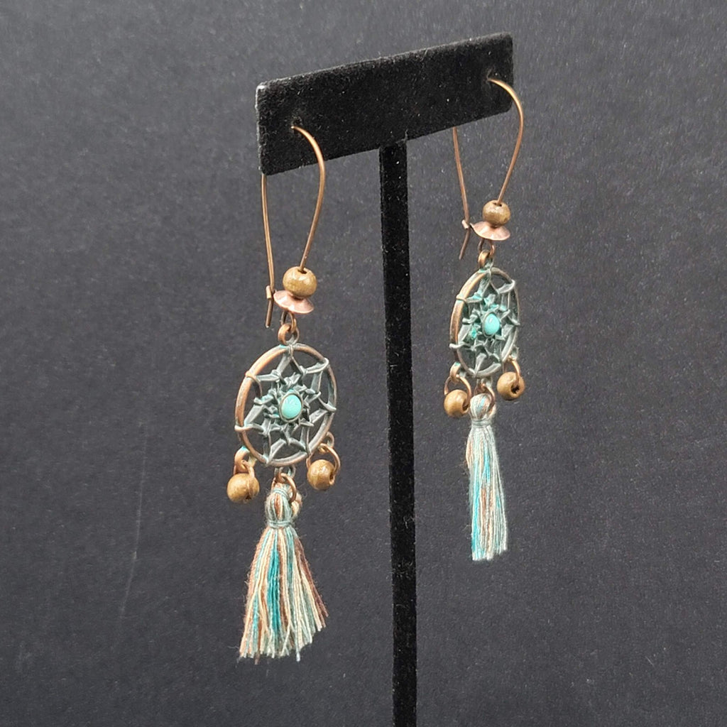 New Boho Pierced Earrings Copper tone Dreamcatcher Wood Bead Blue Tassel 2"