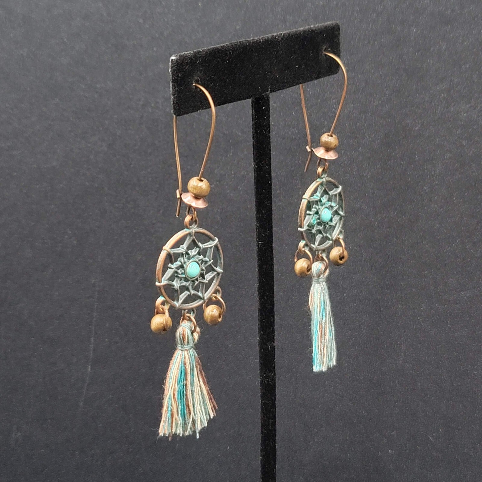 New Boho Pierced Earrings Copper tone Dreamcatcher Wood Bead Blue Tassel 2"