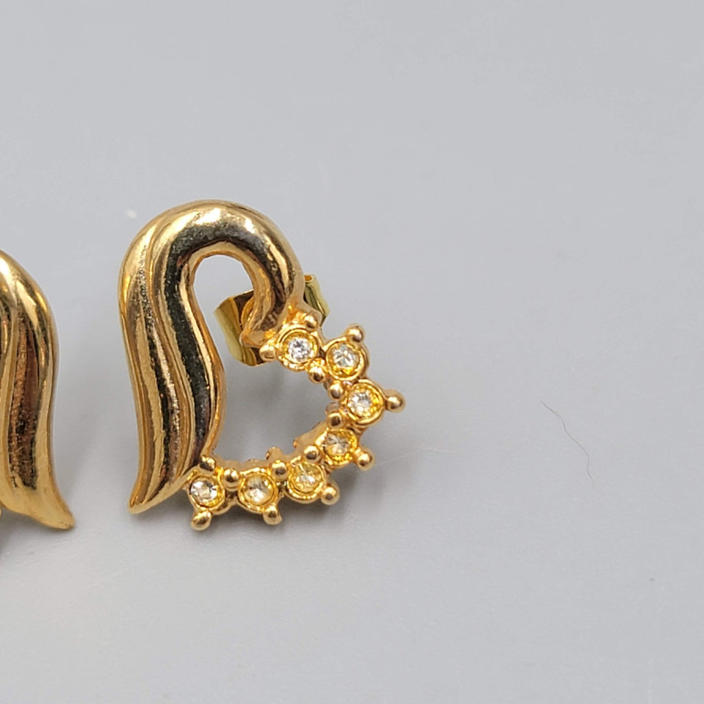 Vintage Open Heart Studs Pierced Earrings Gold Plated CZ 5/8"